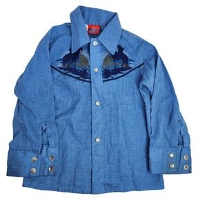 Montgomery Ward Power Wear Western Shirt Kids Size 5 Blue Cowboy Snap Button